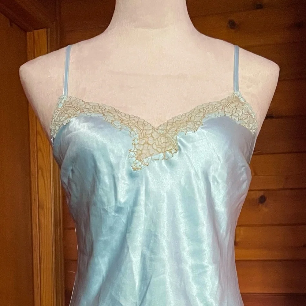 Victoria’s Secret Blue Satin Gold Lace Satin Slip Dress Sz Medium - Picture 6 of 6